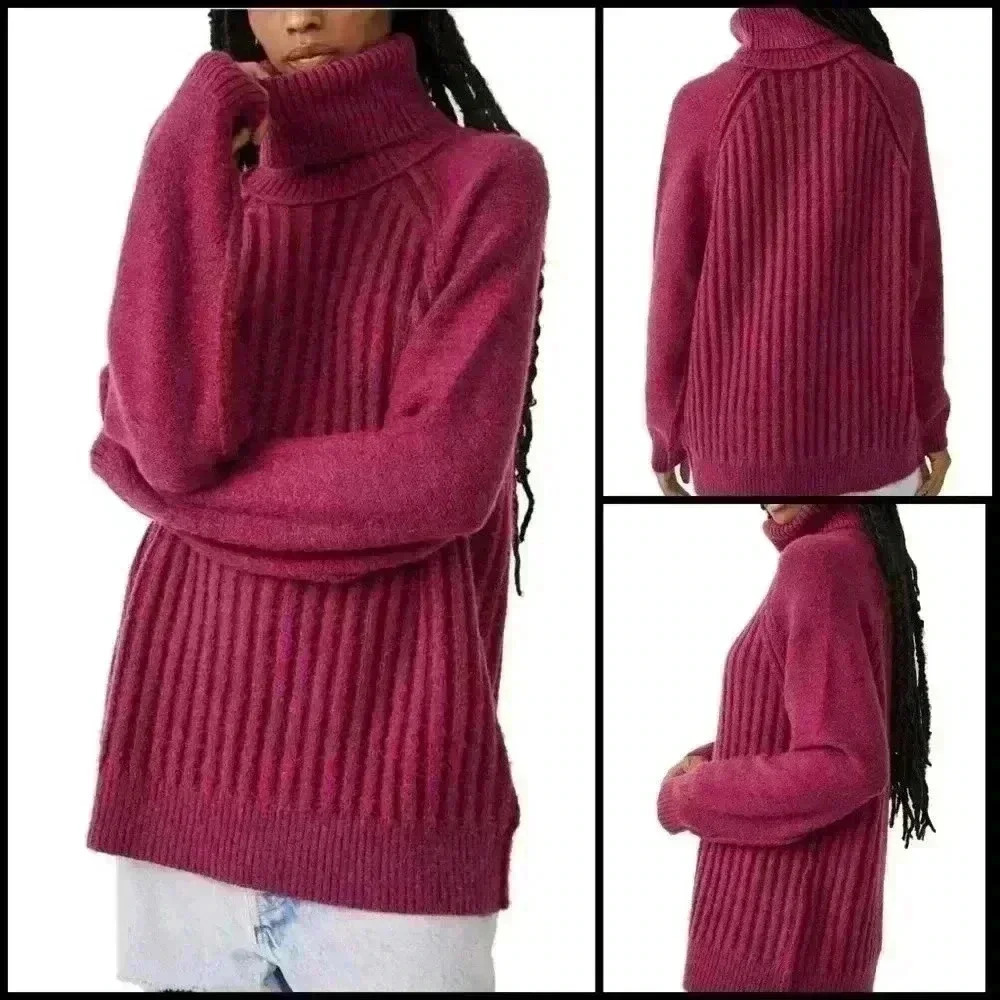 Free People Big City Oversized Ribbed Knit Turtleneck In Mulberry Garnet Size M